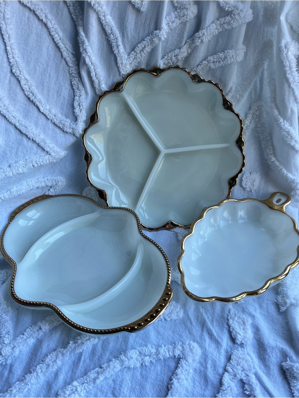 Lot of Milk Glass with Gold Trim Fire King Etc